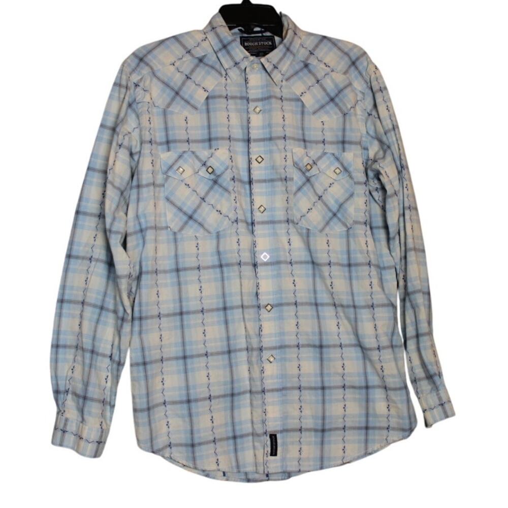 Rough Stock Panhandle Slim‎ Mens Western LS Size Large Pearl Snap Blue Plaid